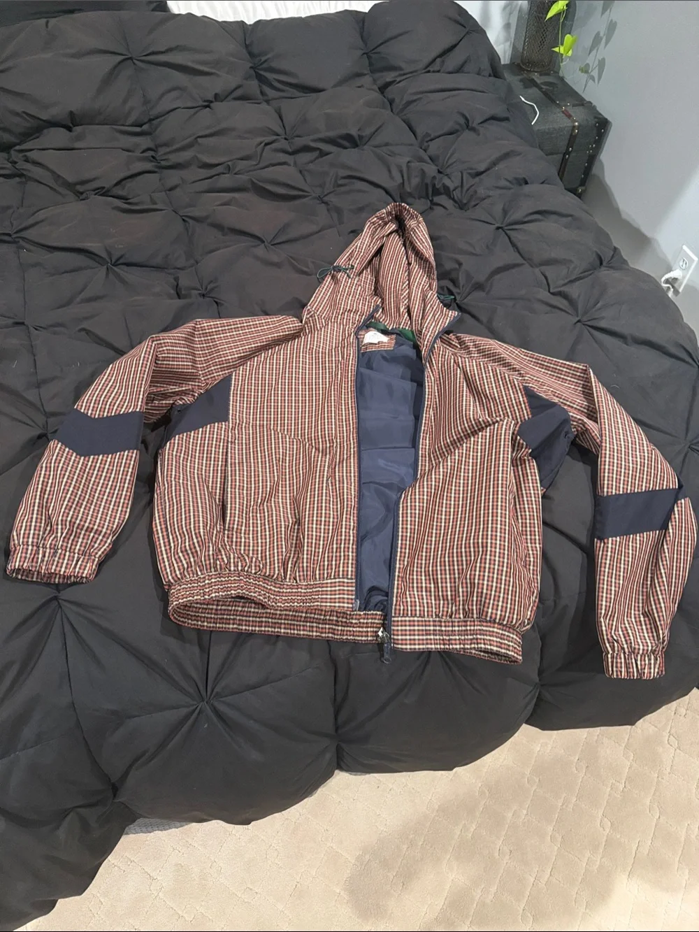 Lacoste Brown & Navy Checked Hooded Windbreaker size M